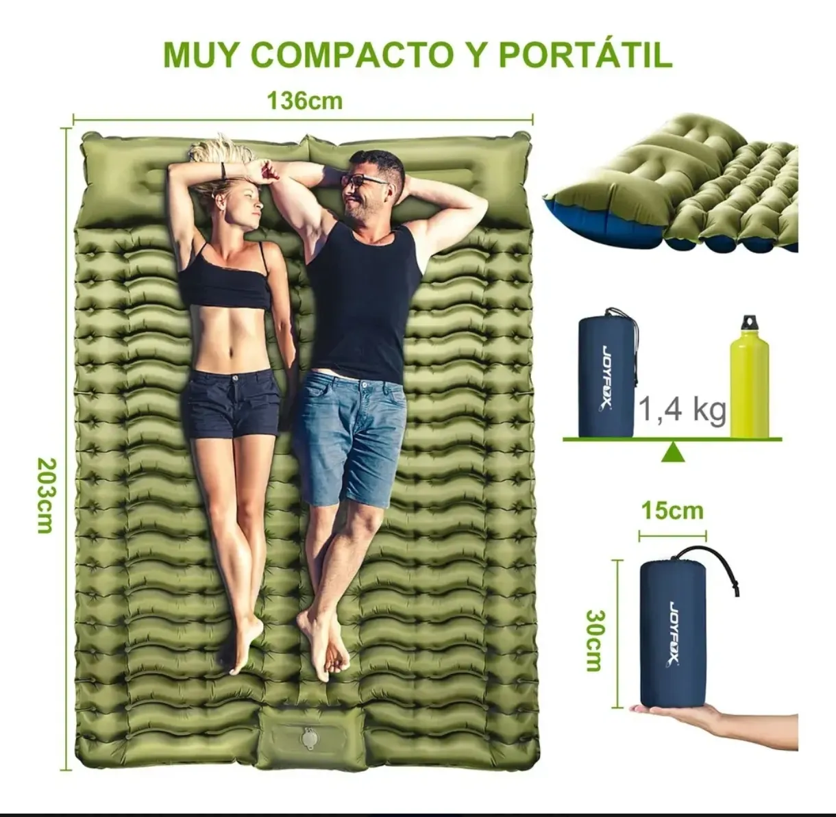 Colchoneta Inflable Camping Doble 203x136cm Ultraligera 1.4kg