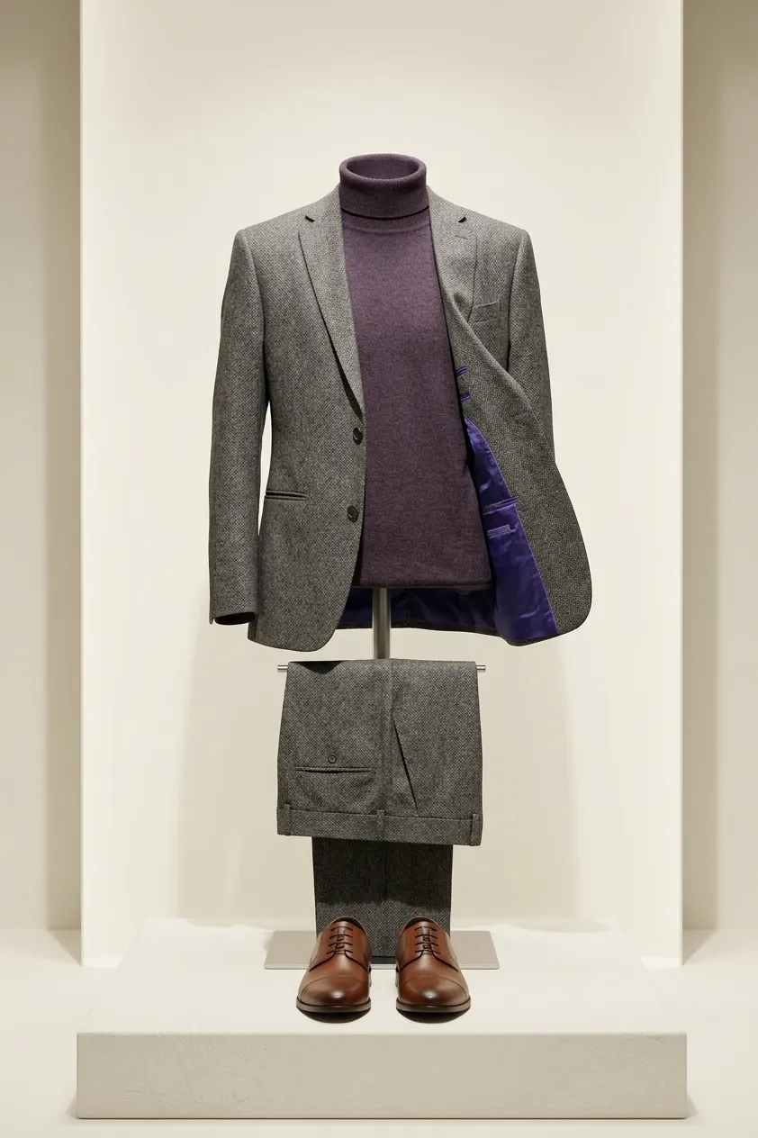 Traje de hombre gris con forro morado y suéter cuello alto