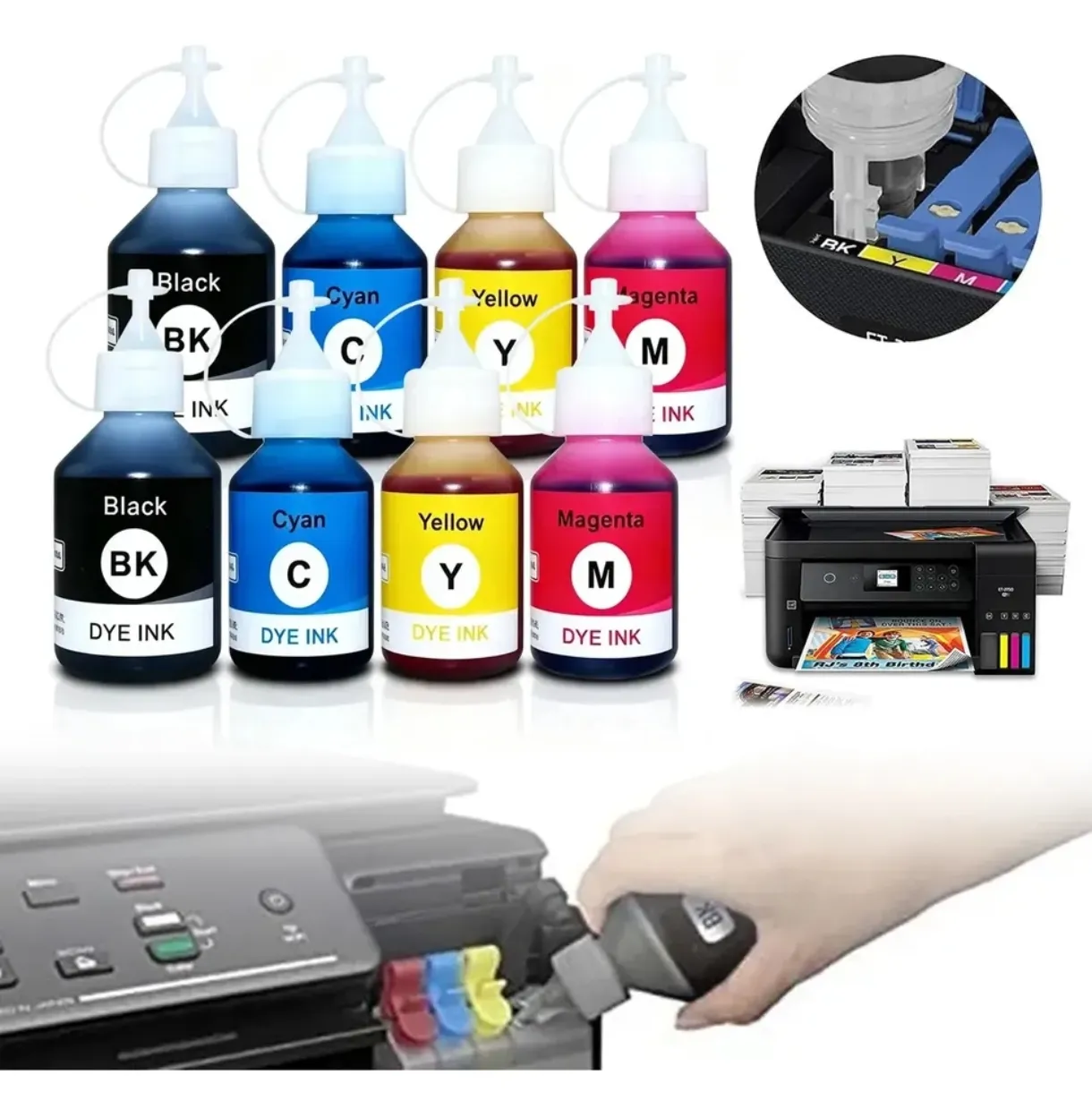 Kit Tintas de Recarga para Impresora CMYK - 8 Botellas DYE INK