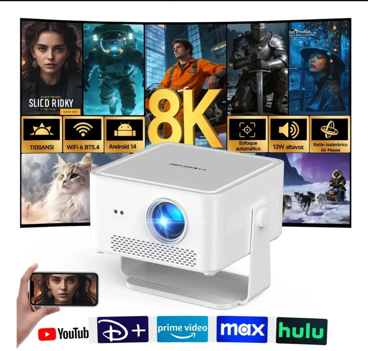 Proyector 8K Android 14 WiFi 6 BT5.4 1100ANSI 12W Altavoces