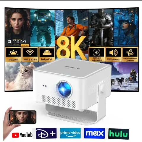 Proyector 8K Android 14 WiFi 6 BT5.4 1100ANSI 12W Altavoces