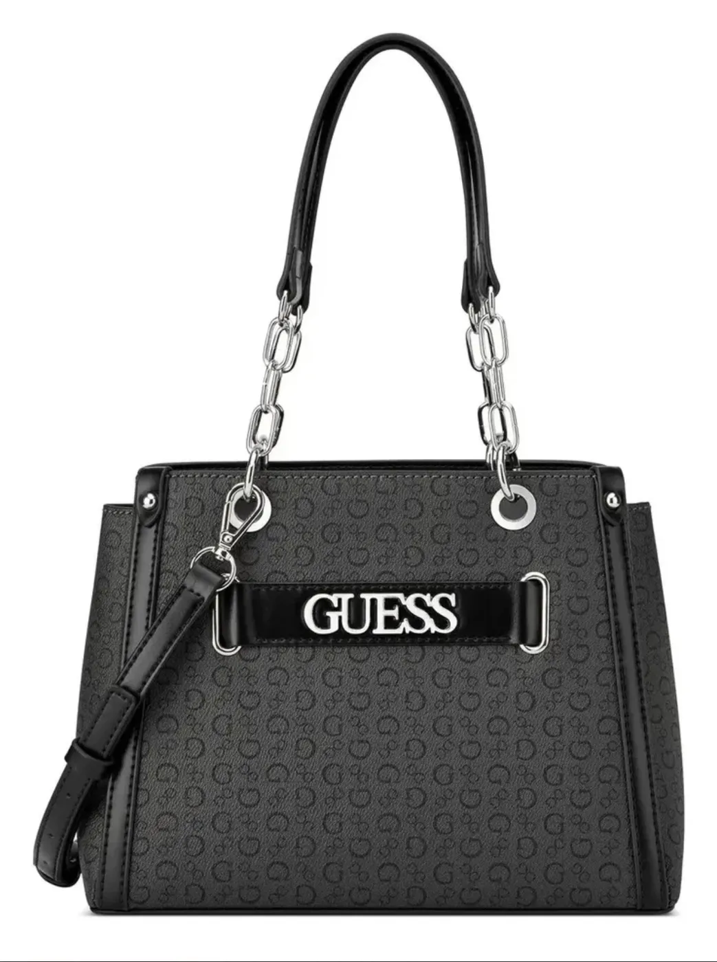 Bolsa de mano Guess negra con logo y cadena plateada