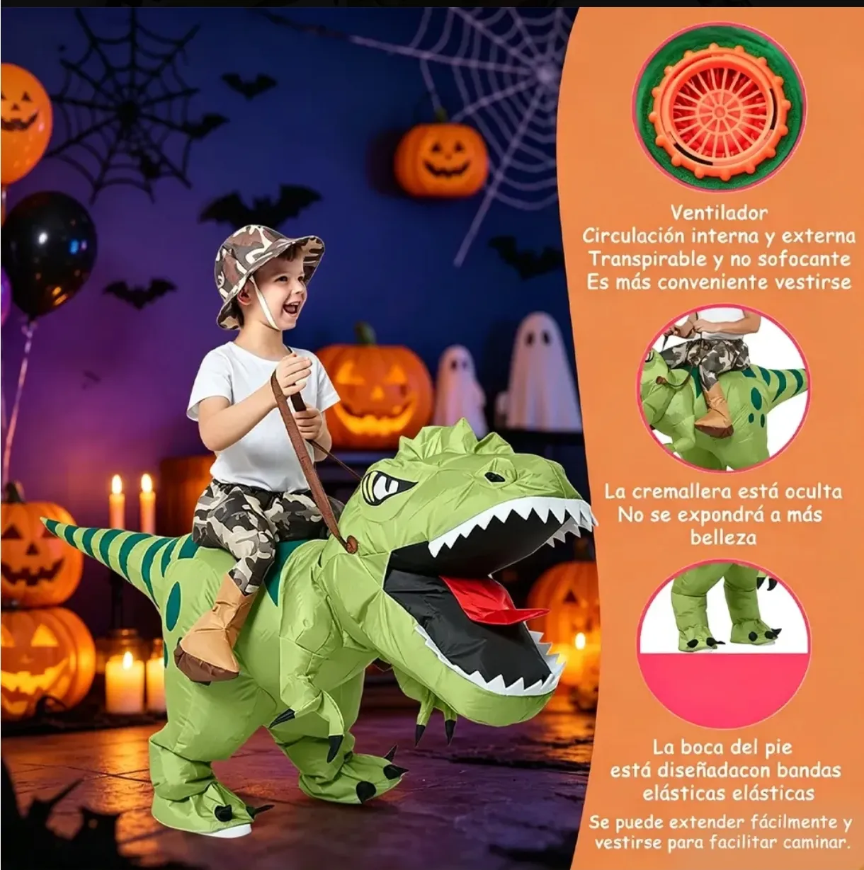 Disfraz inflable de dinosaurio verde para niños con ventilador