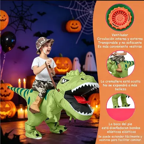 Disfraz inflable de dinosaurio verde para niños con ventilador