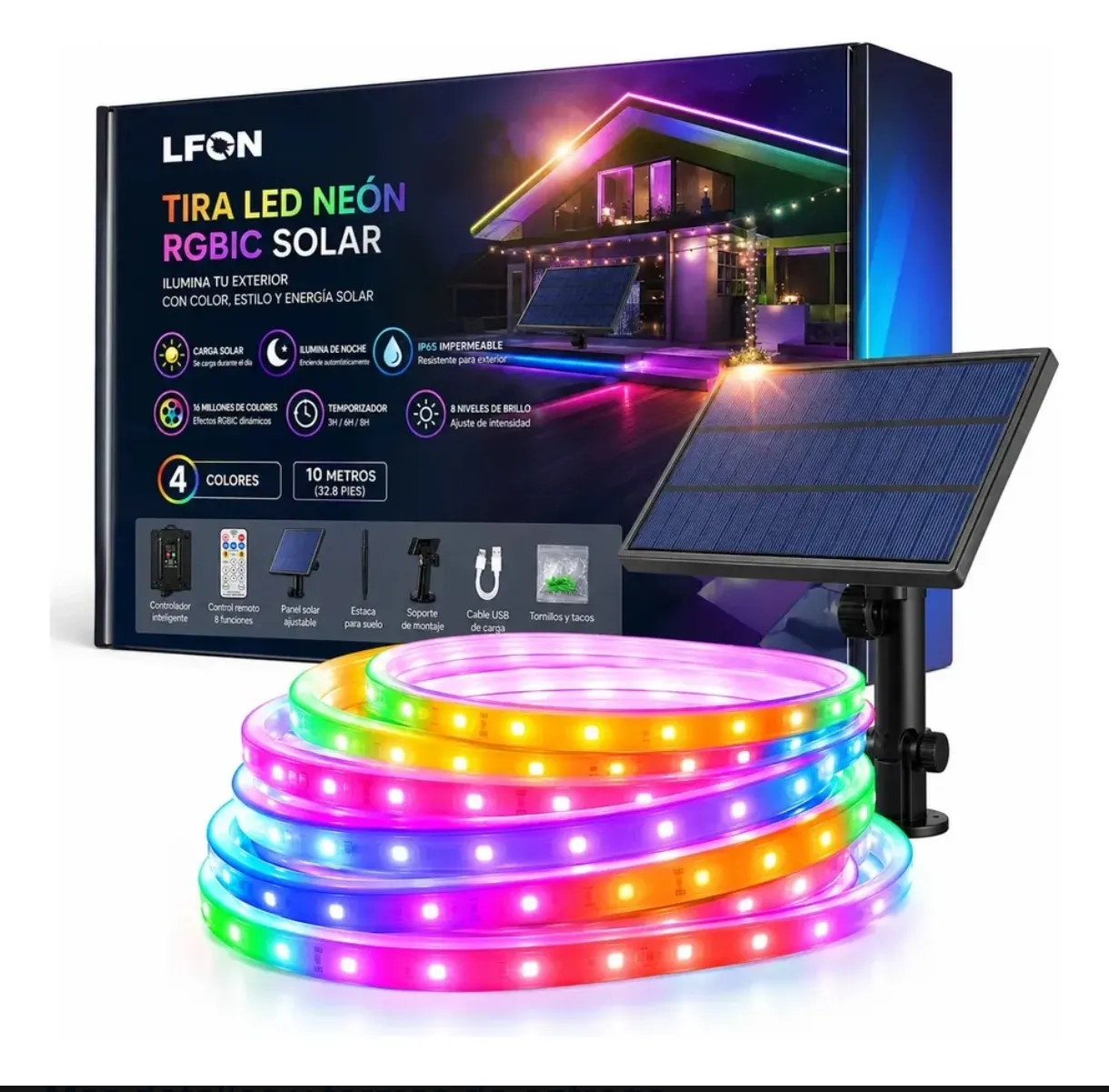 Tira LED Neón RGBIC Solar LFON 10 Metros con Panel Solar