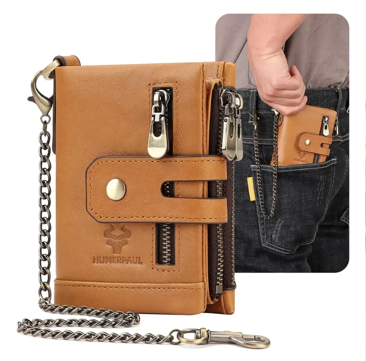 Cartera Billetera de Piel HUMERPAUL con Cadena de Seguridad