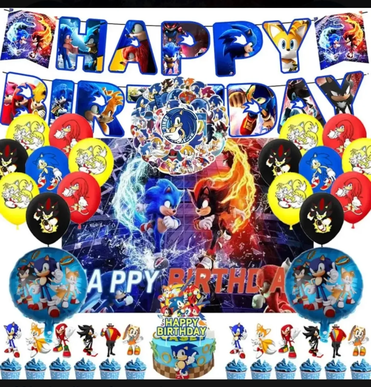 Set decoración fiesta Sonic - globos, banner y toppers cumpleaños