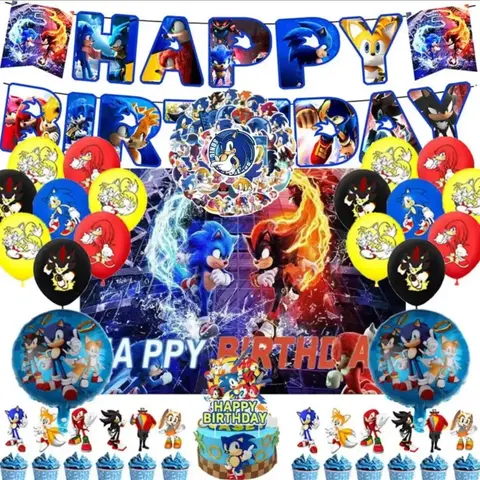 Set decoración fiesta Sonic - globos, banner y toppers cumpleaños