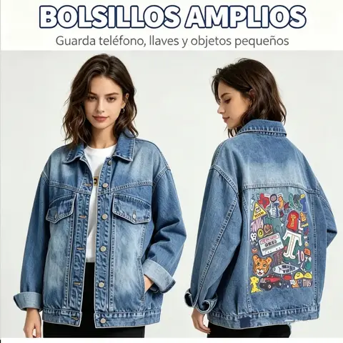 Chamarra de mezclilla oversize con gráficos coloridos en espalda