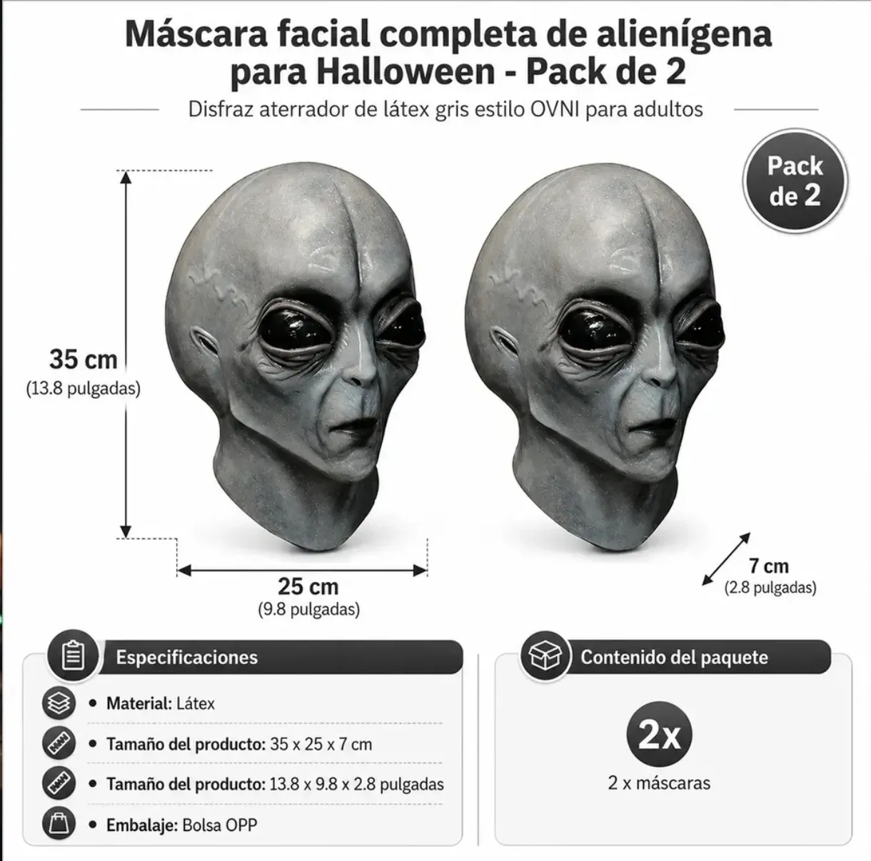 Pack 2 Máscaras Alienígena Halloween Látex Gris 35cm Adulto
