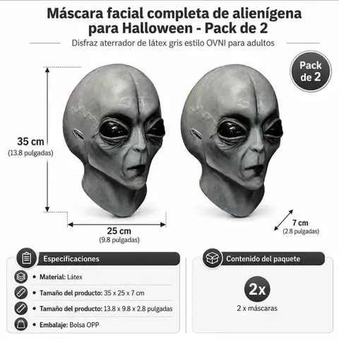 Pack 2 Máscaras Alienígena Halloween Látex Gris 35cm Adulto