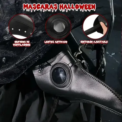Máscara Halloween Tipo Doctor Plaga Negra con Lentes y Correas