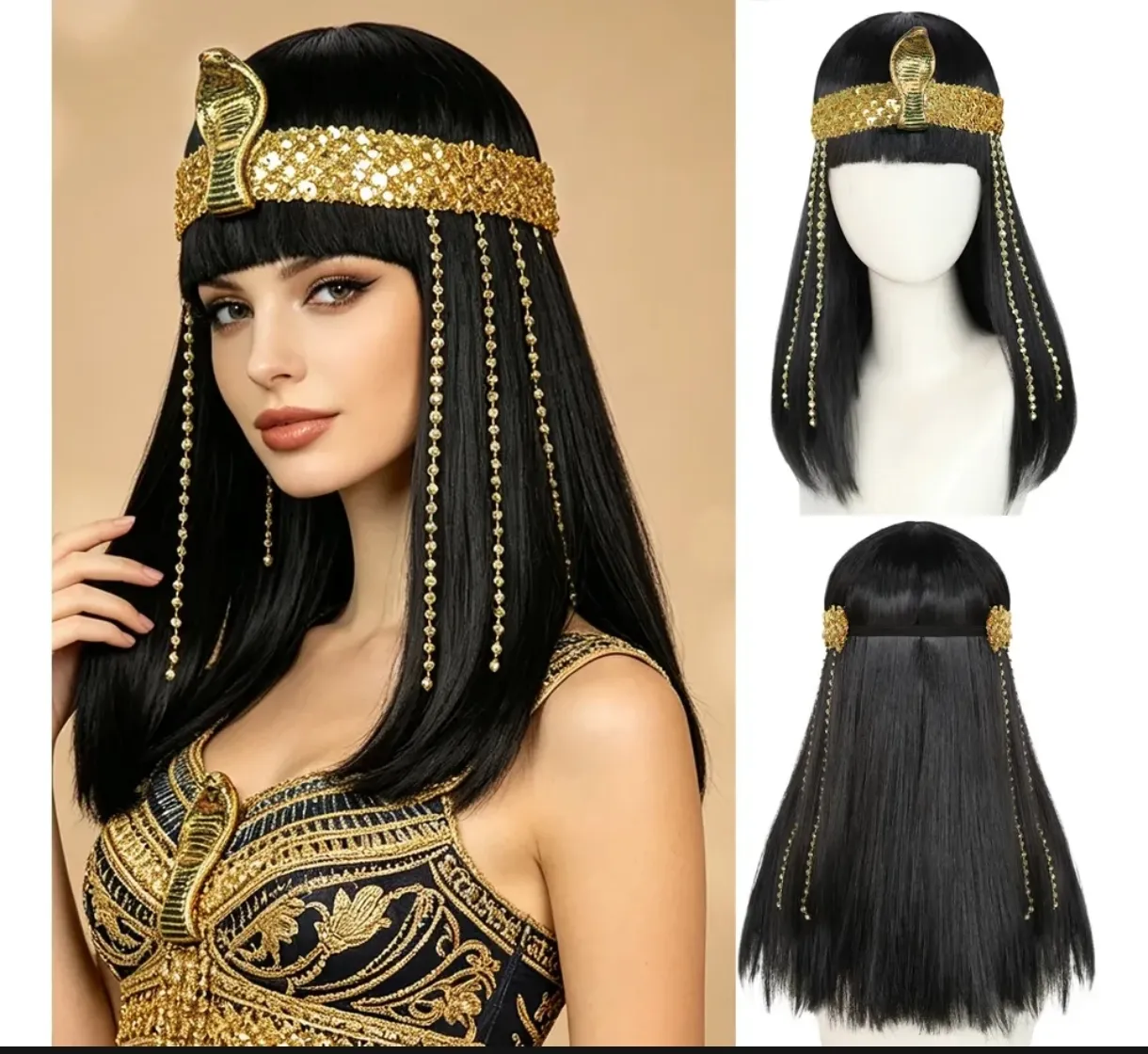 Peluca Estilo Cleopatra Egipcia Negra con Diadema Dorada Disfraz