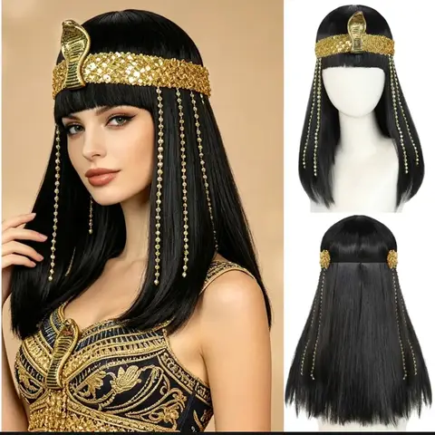 Peluca Estilo Cleopatra Egipcia Negra con Diadema Dorada Disfraz