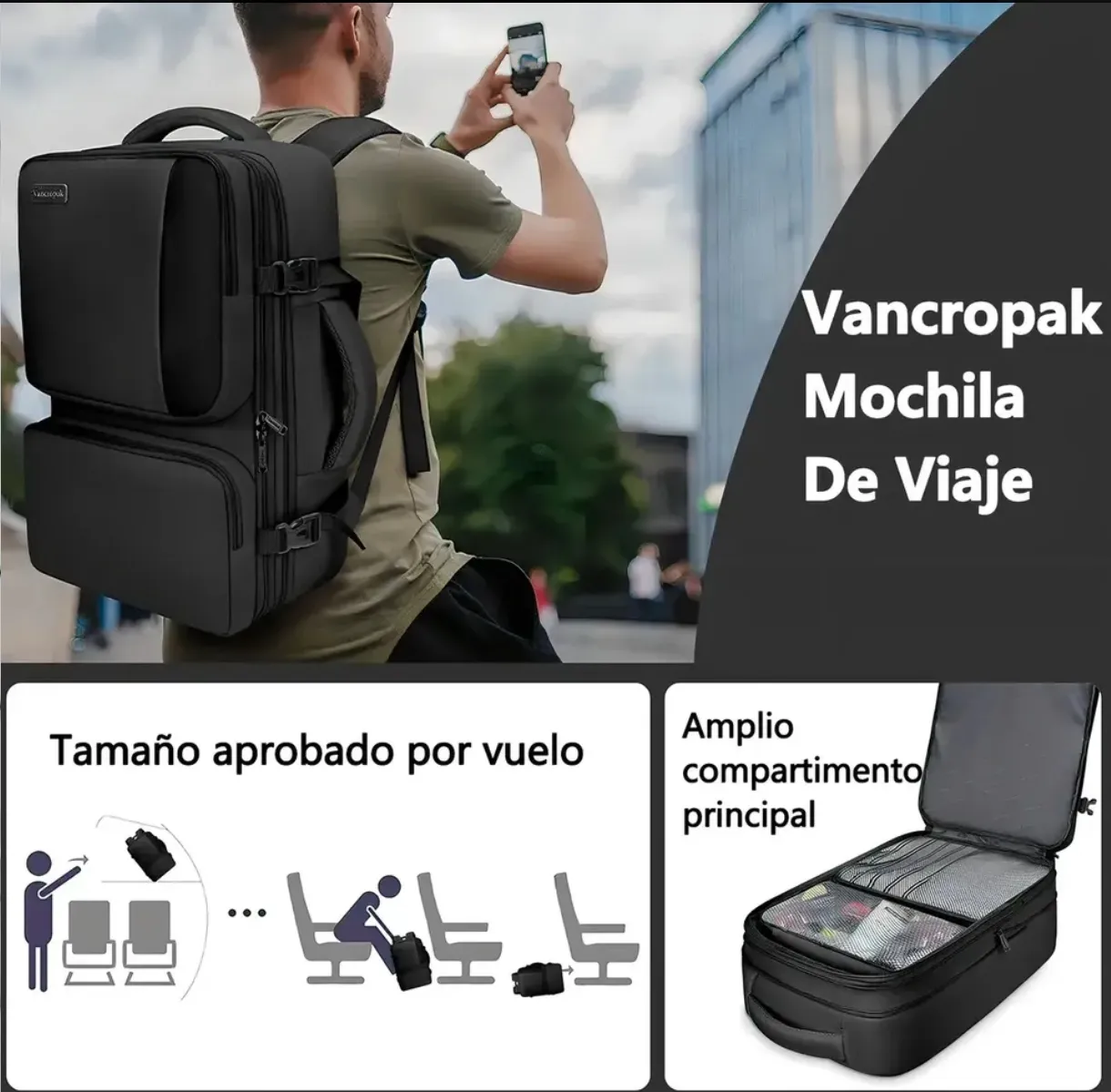 Mochila de Viaje Vancropak Aprobada para Vuelo con Compartimentos