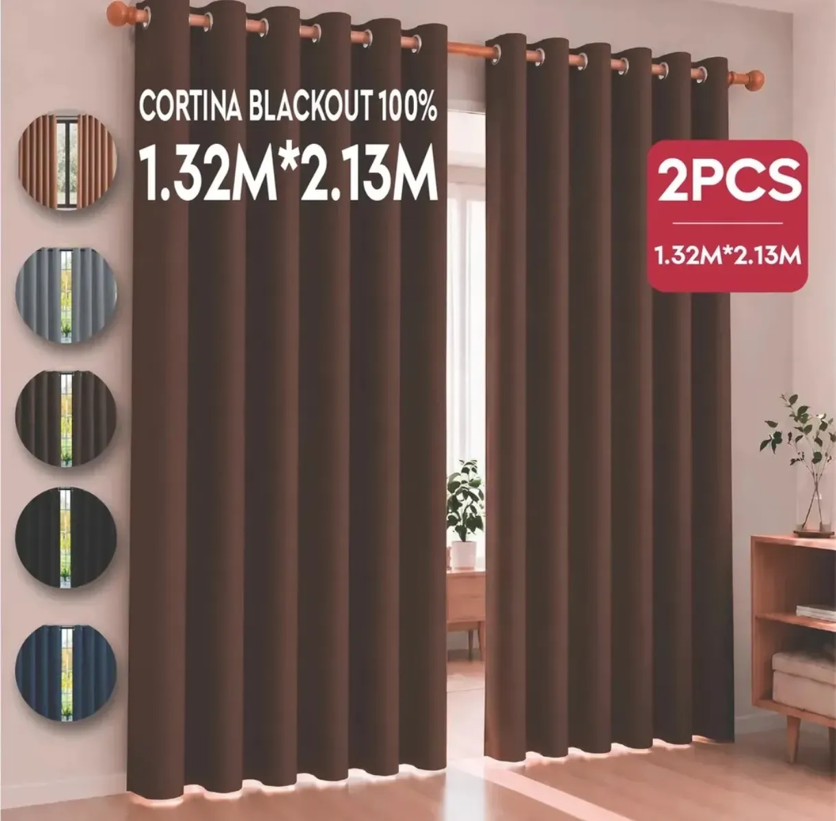 Cortinas Blackout 100% Café Oscuro 1.32x2.13m - Set 2 Piezas