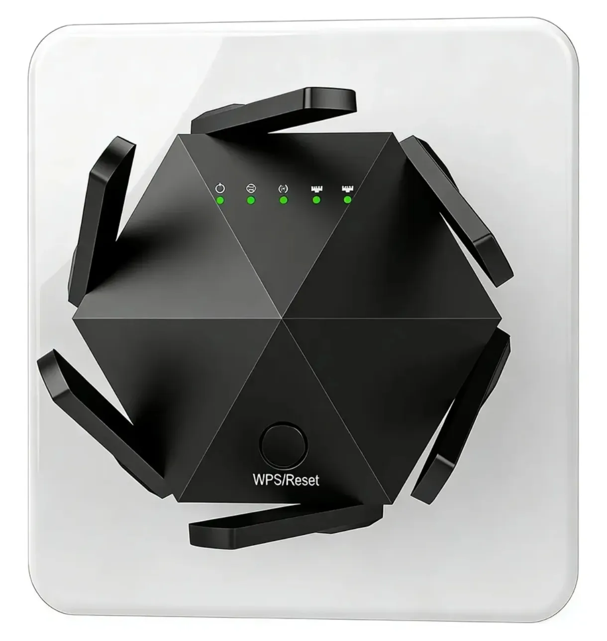 Router WiFi Hexagonal Negro con 6 Antenas y Botón WPS/Reset