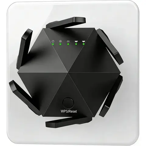 Router WiFi Hexagonal Negro con 6 Antenas y Botón WPS/Reset