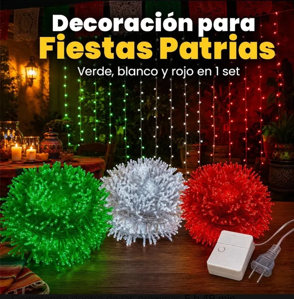 Set Decoración Luces LED Fiestas Patrias Verde Blanco Rojo