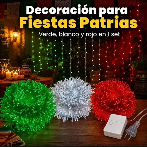 Set Decoración Luces LED Fiestas Patrias Verde Blanco Rojo