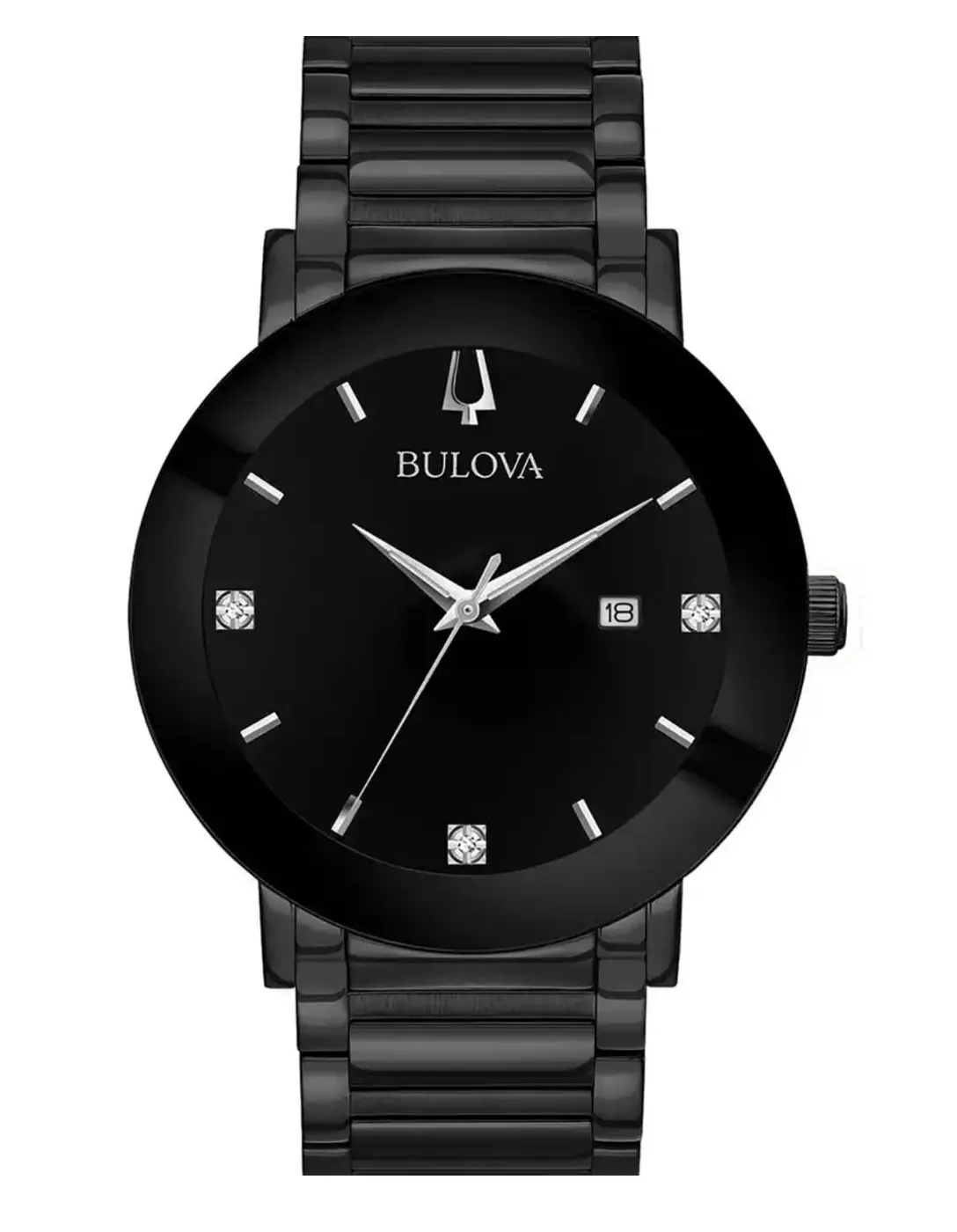Reloj Bulova Negro con Detalles de Diamante y Fecha