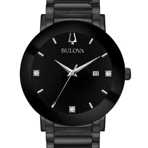 Reloj Bulova Negro con Detalles de Diamante y Fecha