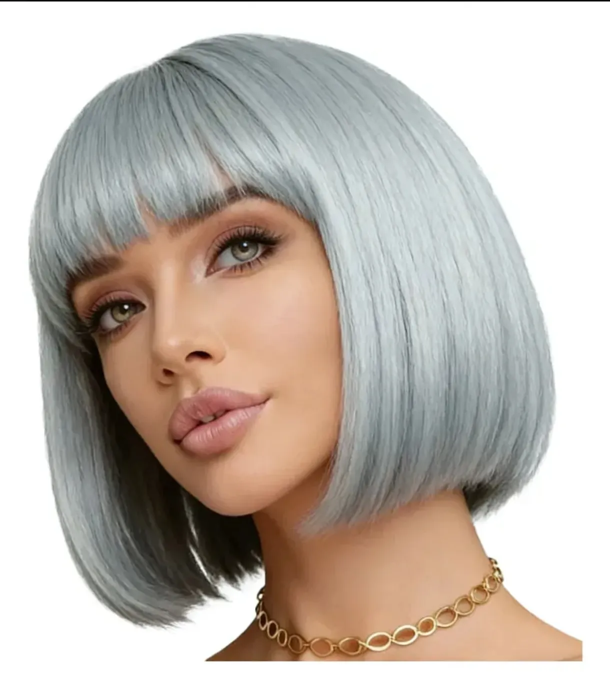 Peluca Bob Corta Gris Plateado con Fleco Recto Estilo Moderno