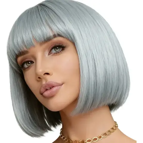 Peluca Bob Corta Gris Plateado con Fleco Recto Estilo Moderno