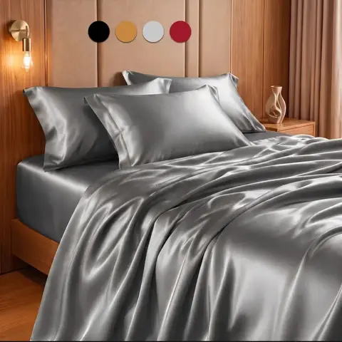 Juego de sábanas satinadas color gris elegante para cama