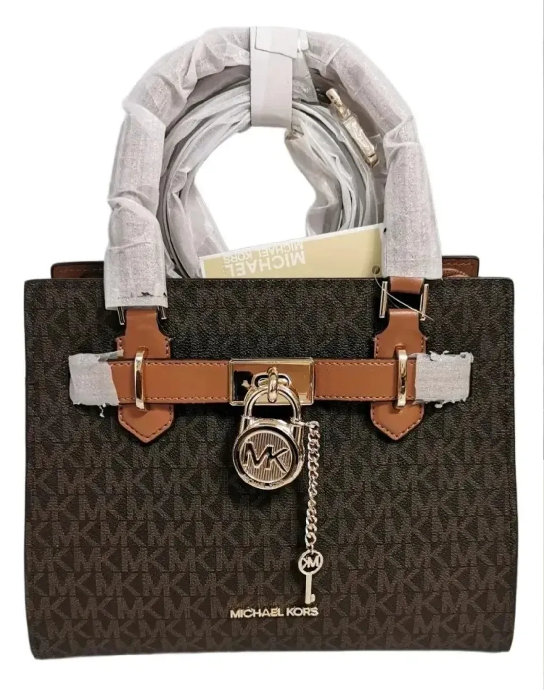 Bolsa Michael Kors MK Logo Café con Candado Decorativo