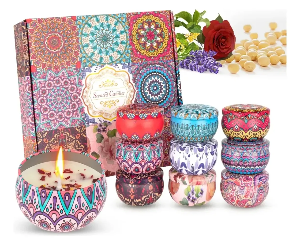Set de 12 velas aromáticas decorativas en lata con diseños mandalas