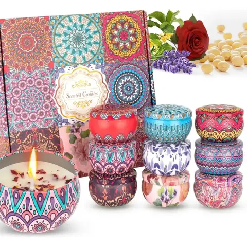 Set de 12 velas aromáticas decorativas en lata con diseños mandalas