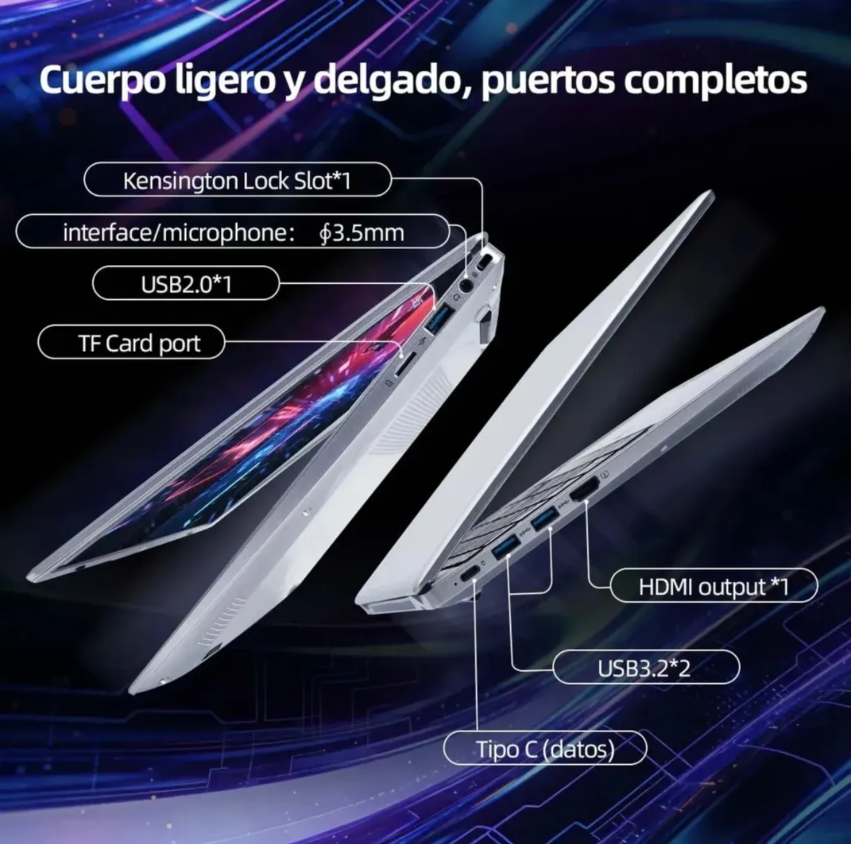 Laptop Ultradelgada Plateada con Puertos Completos y Pantalla LED