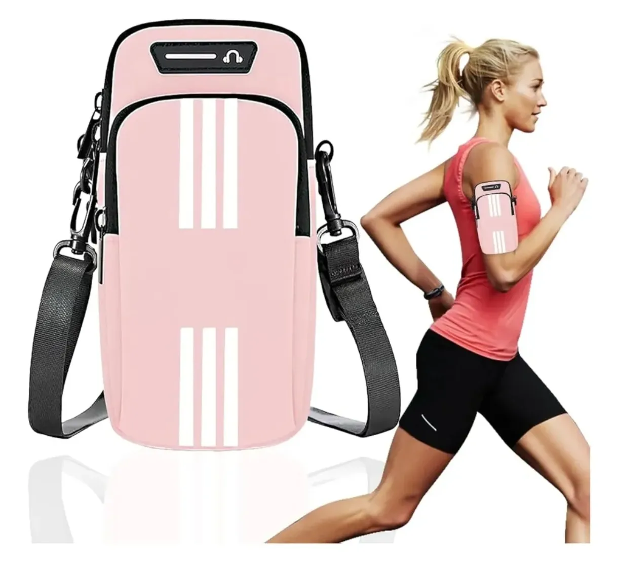 Brazalete deportivo porta celular rosa con franjas blancas