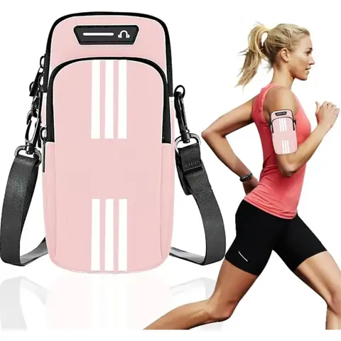 Brazalete deportivo porta celular rosa con franjas blancas