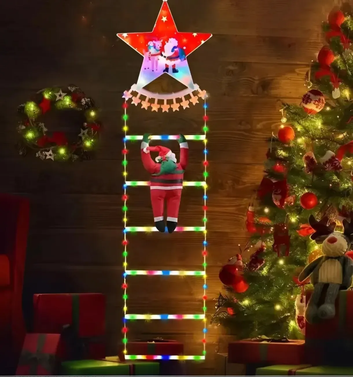 Decoración Navideña Escalera Santa Claus Luminosa con Estrella LED