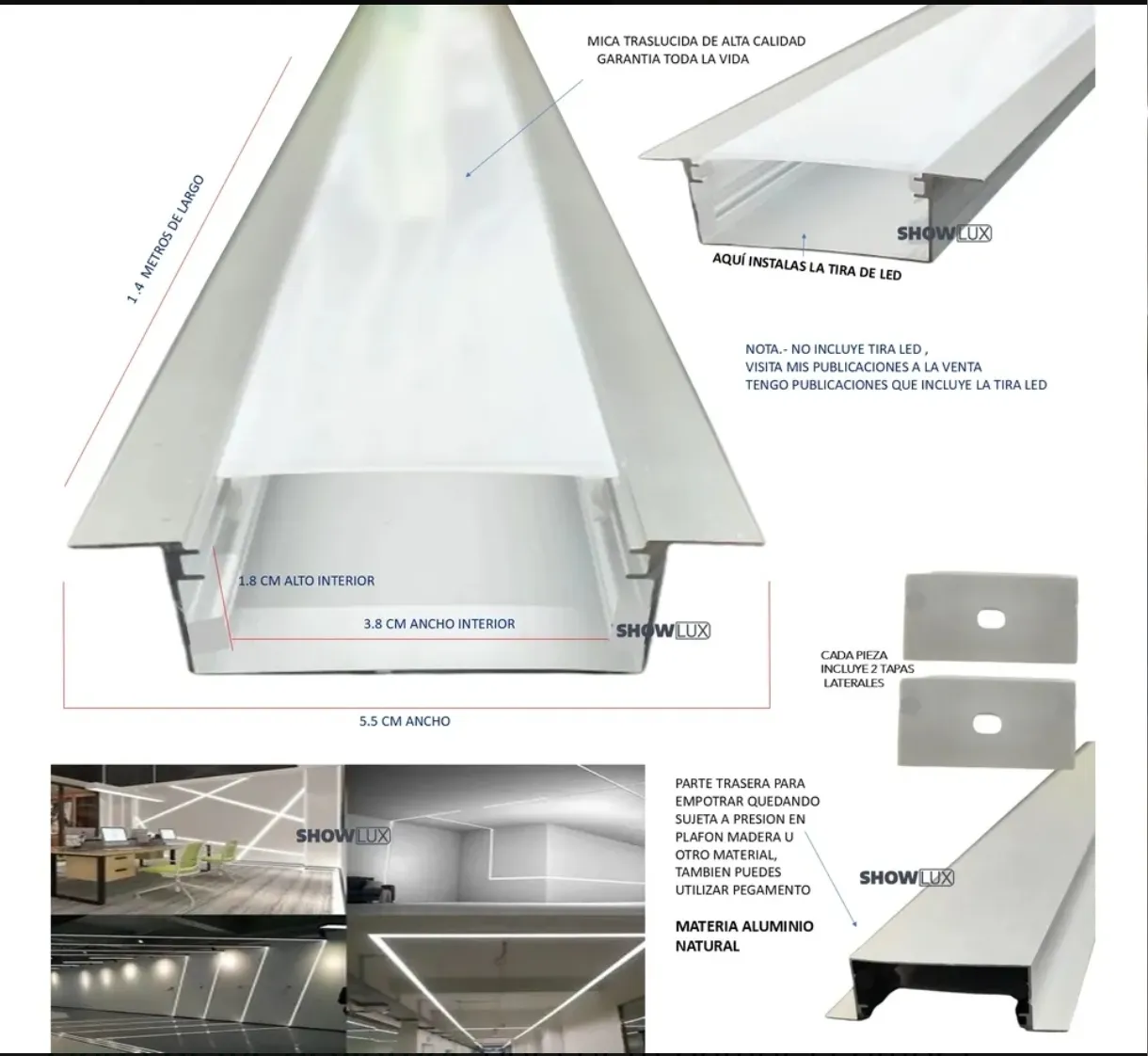 Canal/Perfil Aluminio para Tira LED SHOWLUX 1.4m Empotrar
