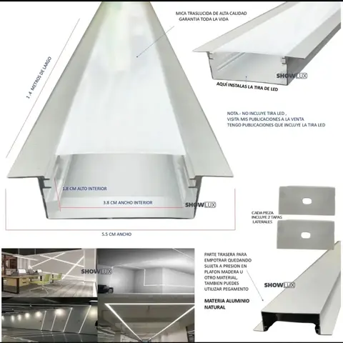 Canal/Perfil Aluminio para Tira LED SHOWLUX 1.4m Empotrar