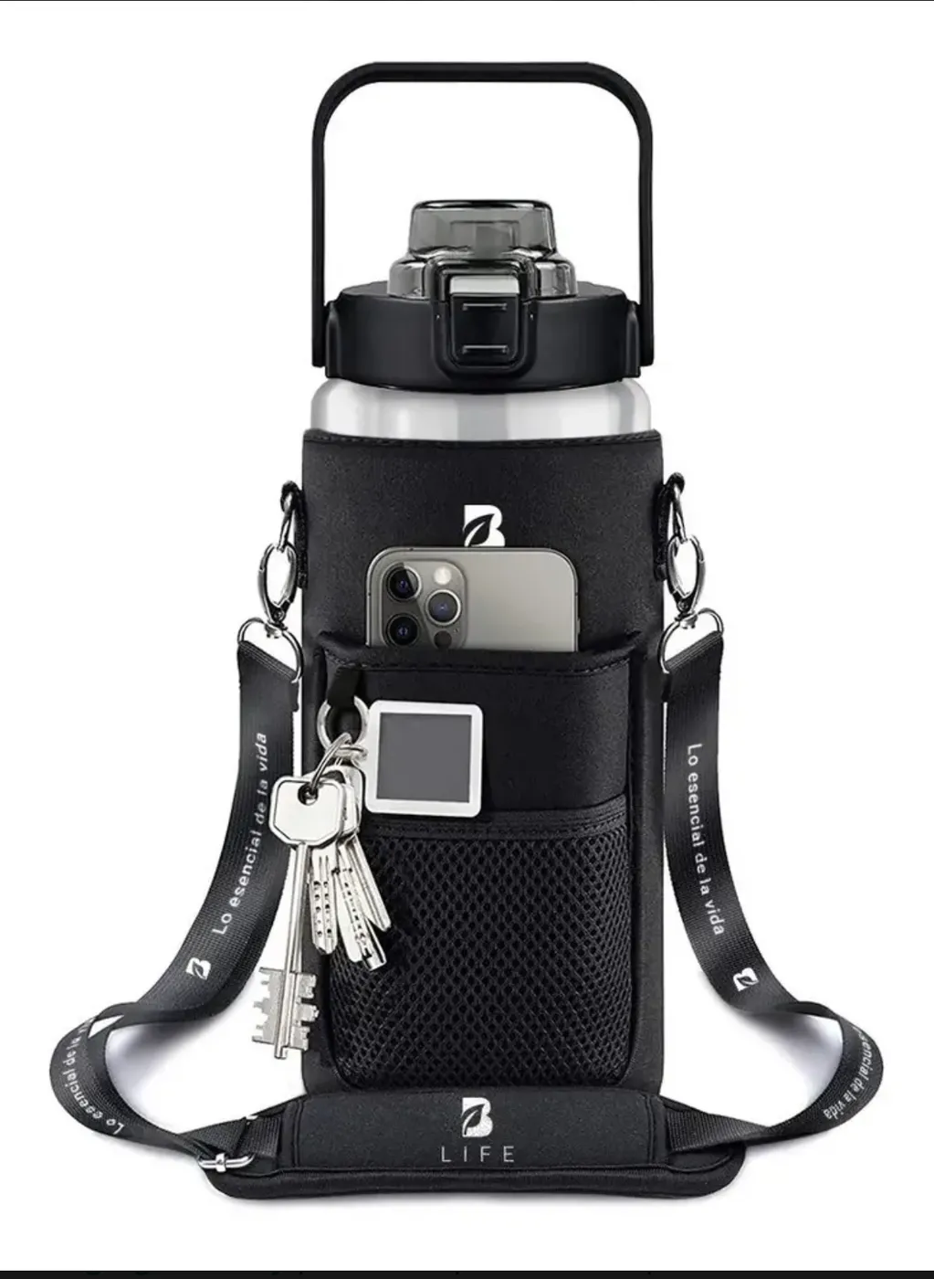 Porta botella tipo crossbody con bolsillos para termo o agua