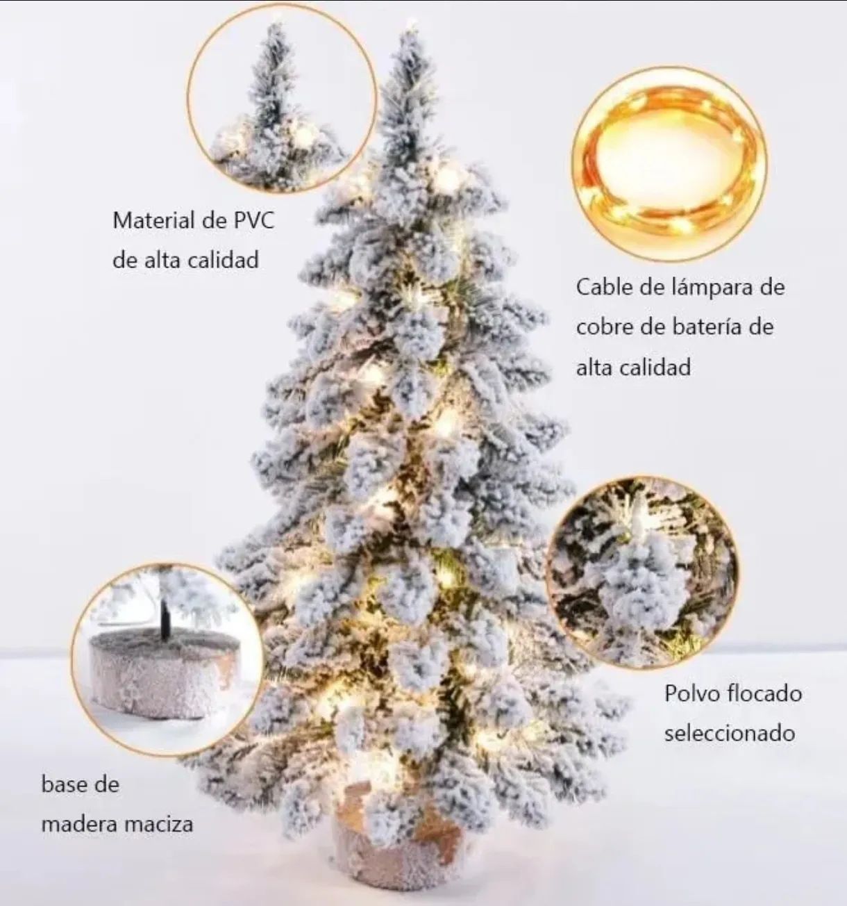 Árbol de Navidad Nevado con Luces LED y Base de Madera