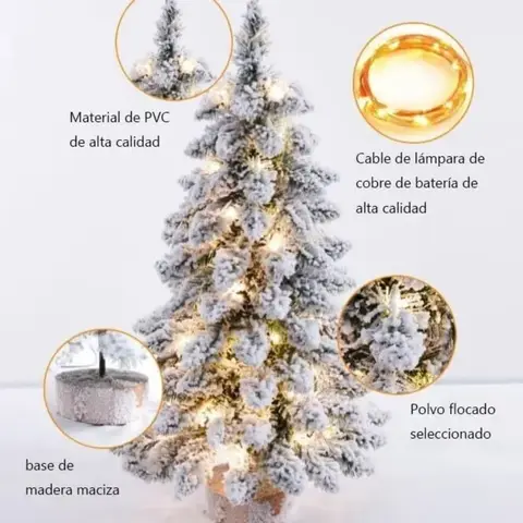 Árbol de Navidad Nevado con Luces LED y Base de Madera