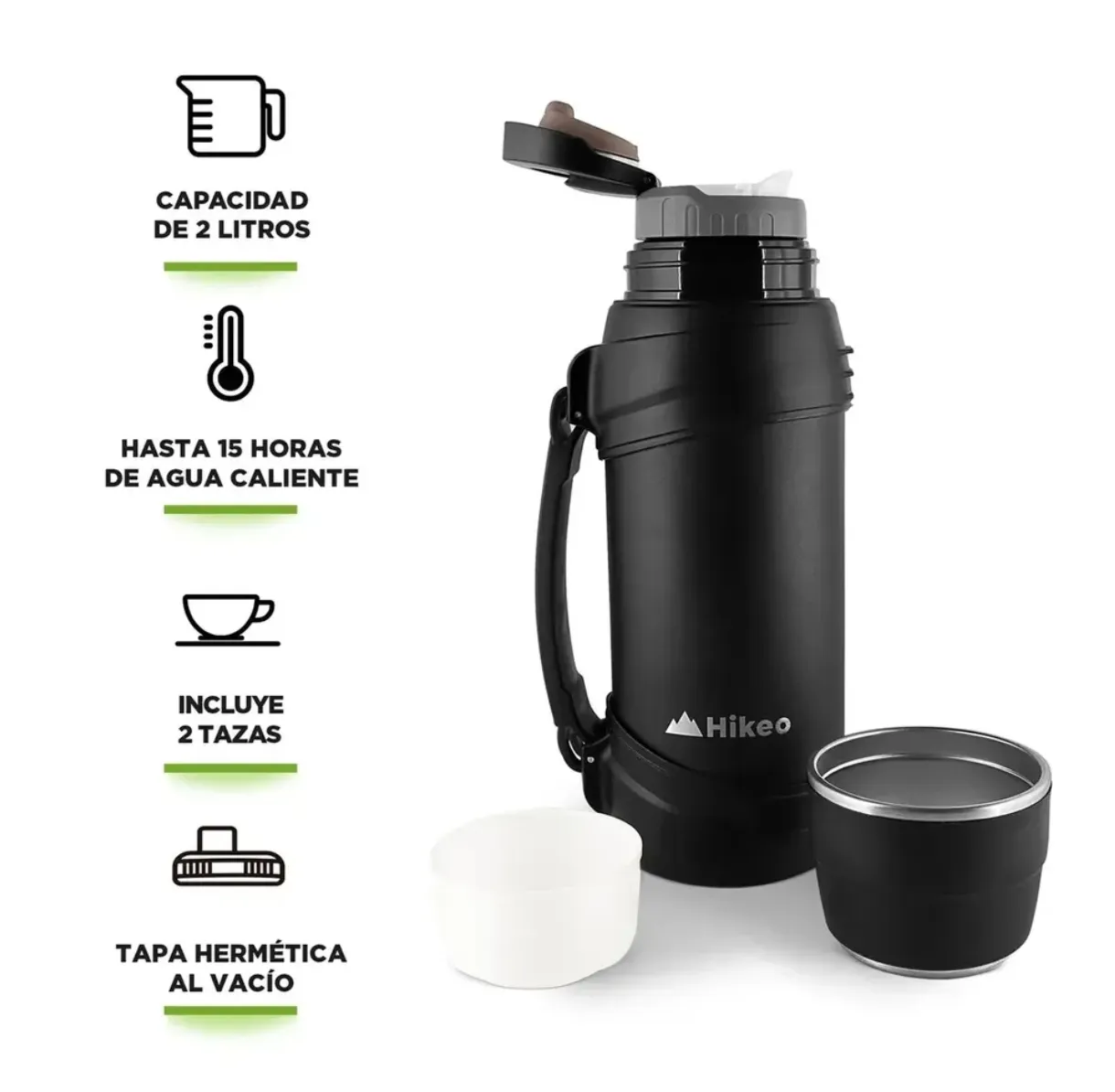 Termo Hikeo 2L Negro con Tapa Hermética y 2 Tazas Incluidas