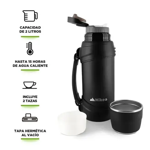 Termo Hikeo 2L Negro con Tapa Hermética y 2 Tazas Incluidas
